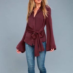Mason Washed Burgundy Long Sleeve Cutout Button-Up Top